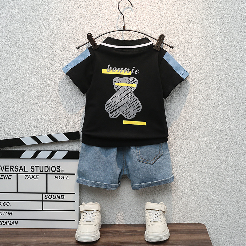 Kleine und mittlere große V-ausschnitt hemd, denim shorts set, sommer neue kinder carto teddybär druck trendy_voghion.com