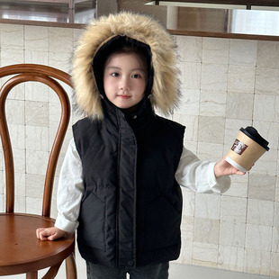 Children's Down Vest Winter Girls' Thickened Hooded Wool Collar Warm Boys' 2024 New Winter Coat