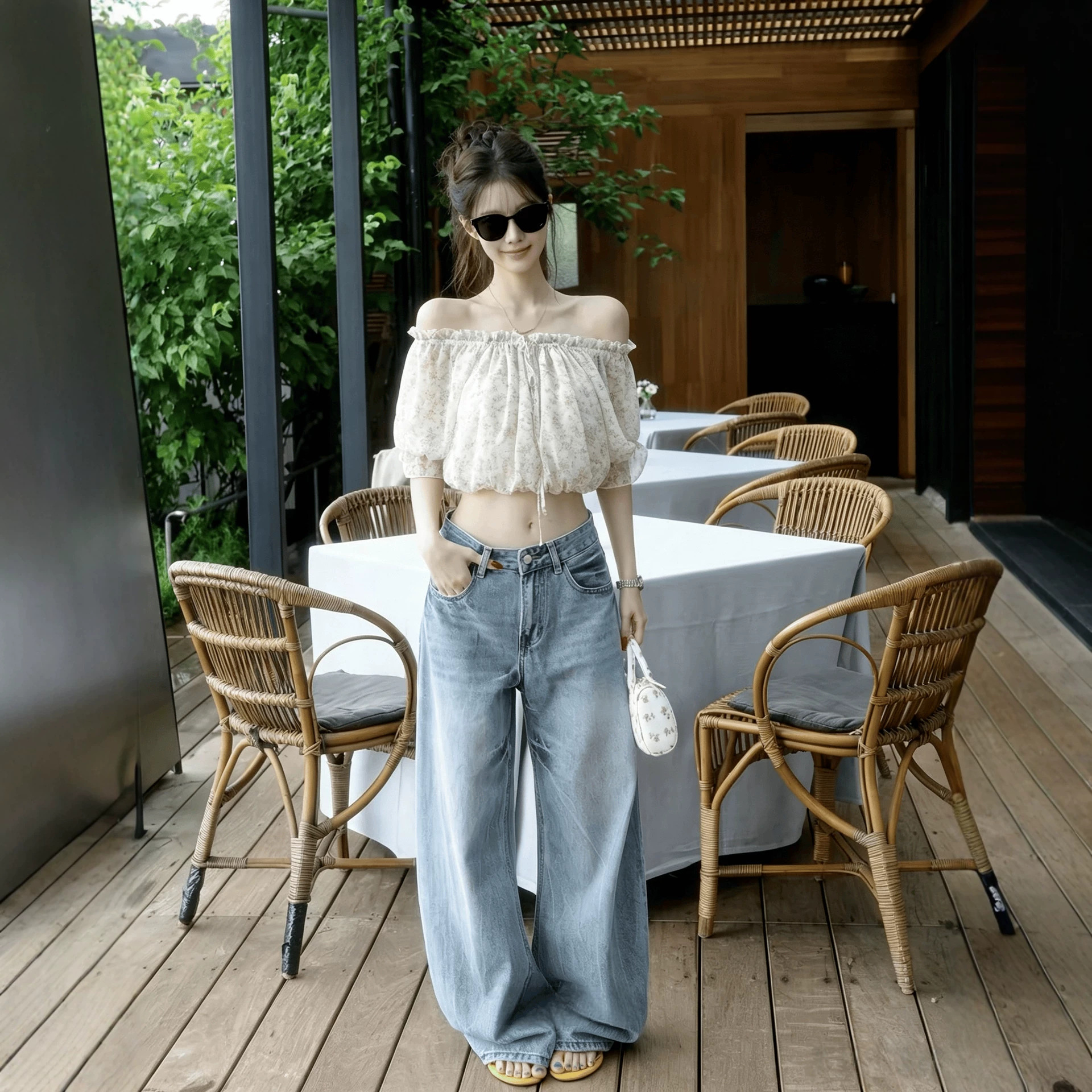 Floral print off-shoulder chiffon blouse for women, with ruffled trim, summer retro design, casual short style.