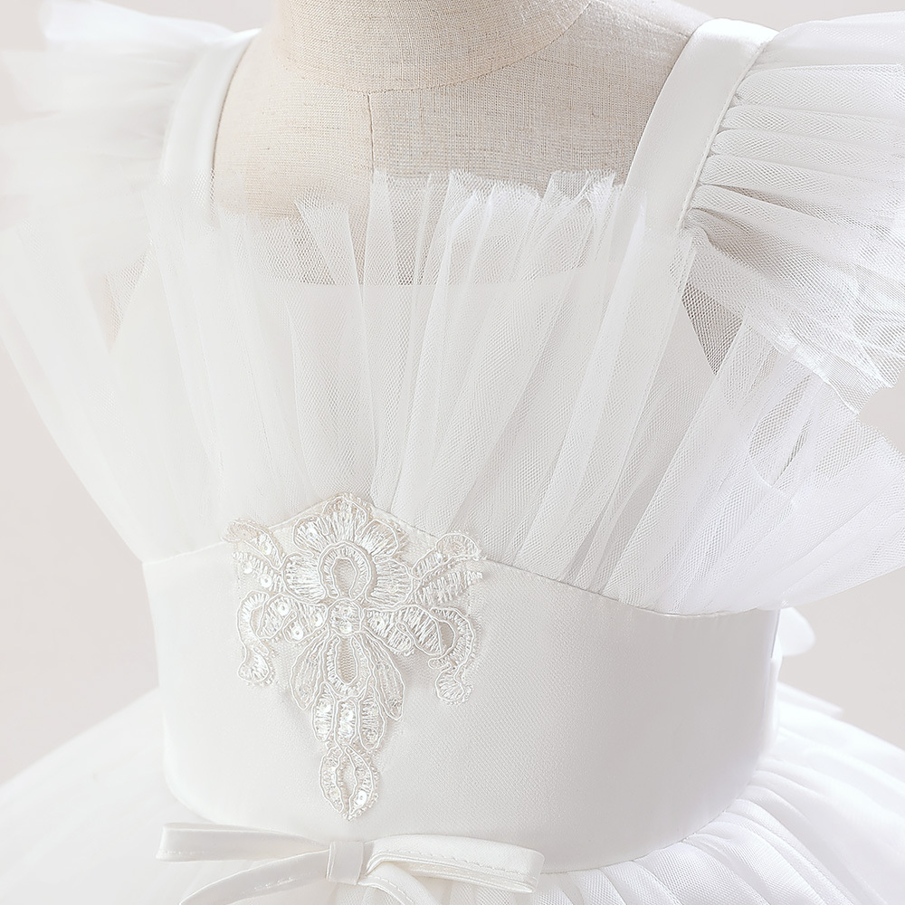 Amazon nuevo vestido de niños medianos y grandes vestido de princesa Correa blanca vestido de noche de manga pequeña de vuelo pettiskirt de malla ajustada a la cintura