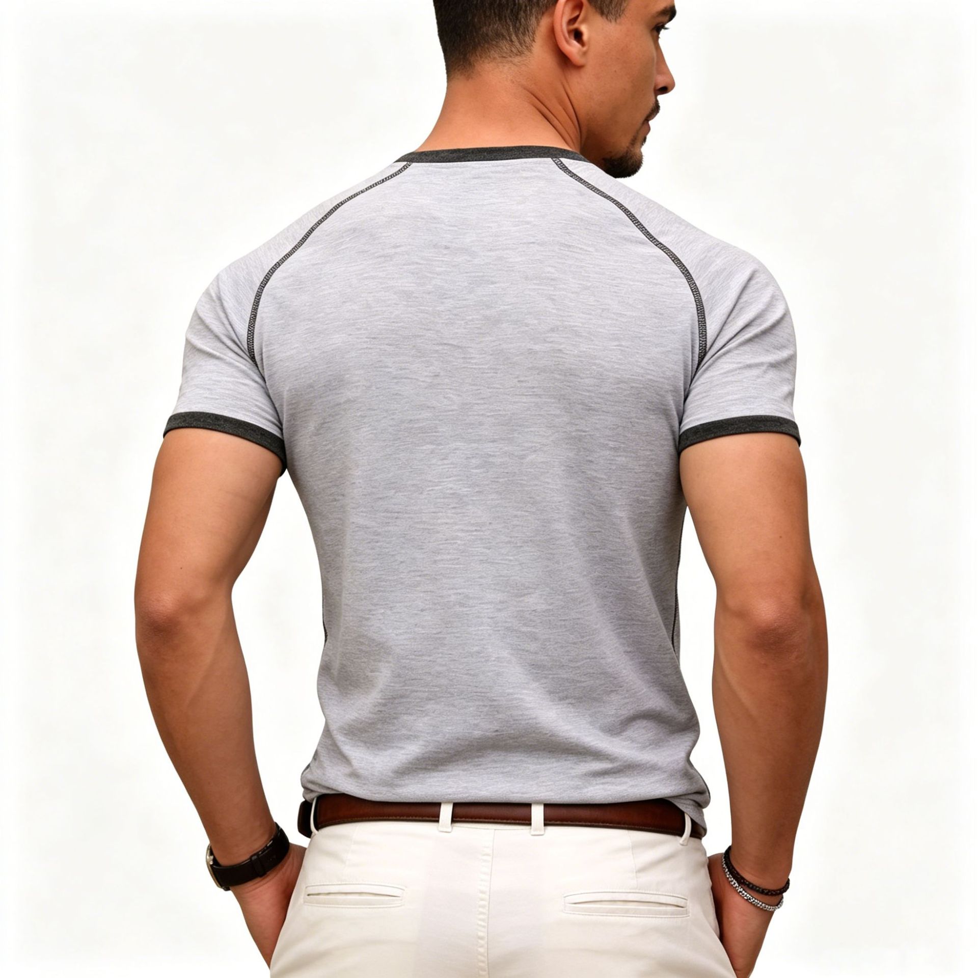Camisetas de manga corta para hombres de Código Europeo transfronterizo entrenamiento de fitness deportivo de algodón humano línea clara contra el color camisetas masculinas vendidas rápidamente image 3