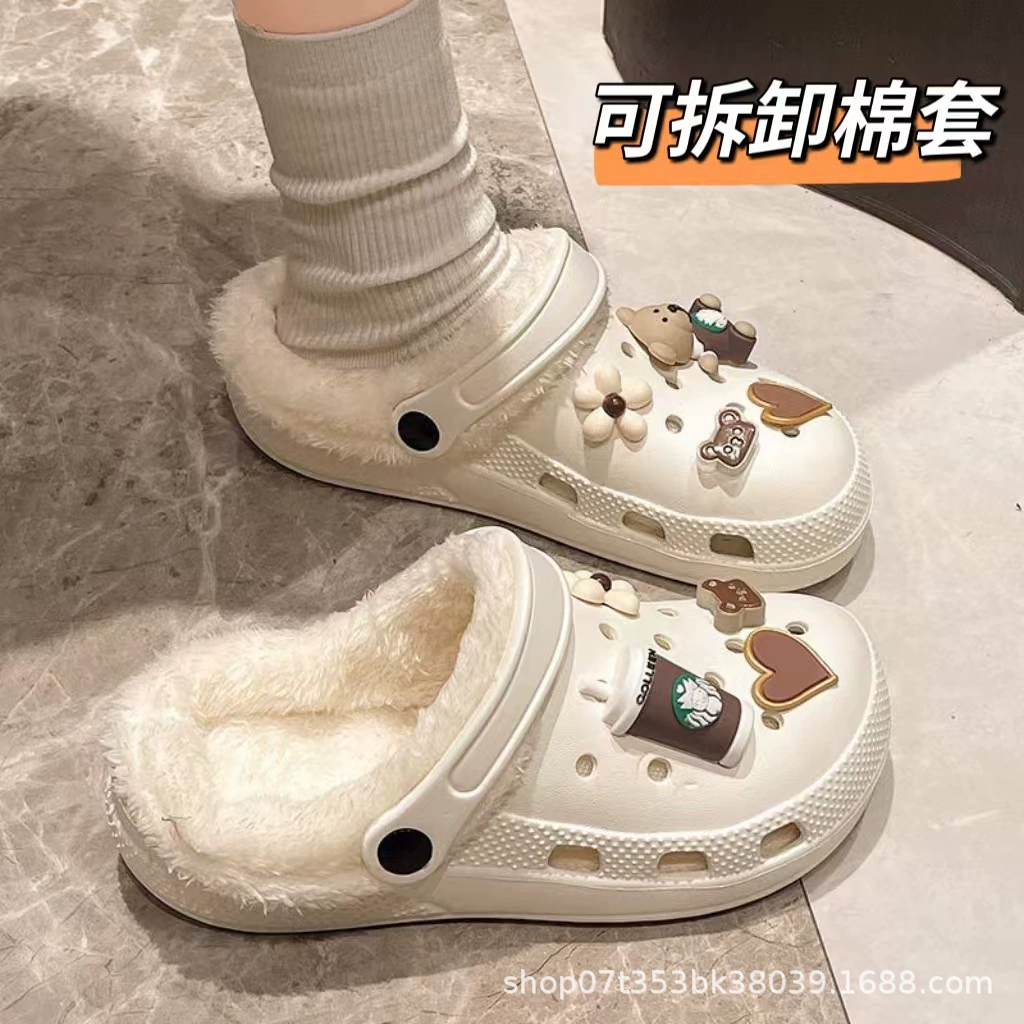 Плюшевая дырочная обувь мультяшный медведь женская мода на внешнем осенне-зимний новый eva плоское дно съемный ленивый Баотоу