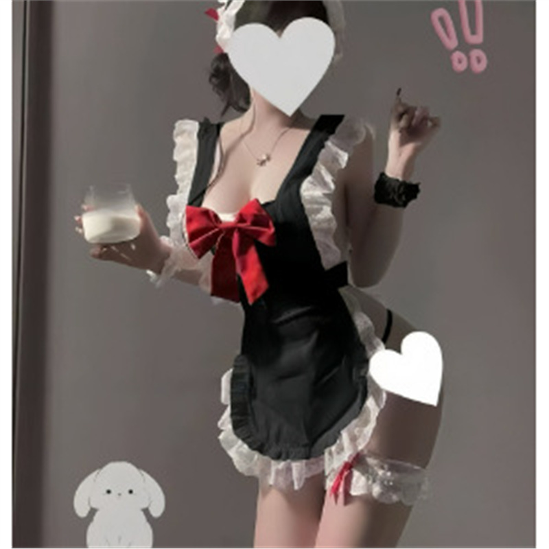 블랙 + 레드 [헤드기어 + 앞치마 + 팔찌 + 다리링 + T바지]