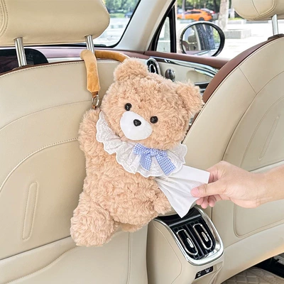 armrest box, car seat back | Car tissue box/set - bib-with-blue-bow-khaki-colored-lying-bear