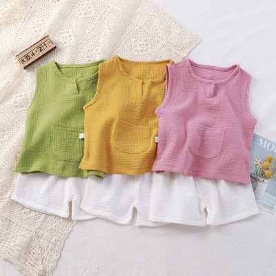2022 new pattern Children Two vest suit summer Sleeveless double-deck Cotton Solid vest Home Furnishing pajamas