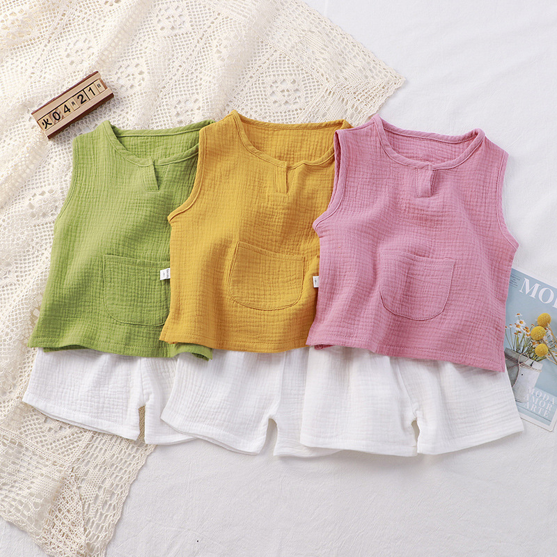 2022 new pattern Children Two vest suit summer Sleeveless double-deck Cotton Solid vest Home Furnishing pajamas