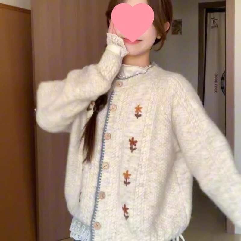 Japanese-style soft and elegant round-neck floral embroidered cardigan sweater for women, autumn and winter casual wear top