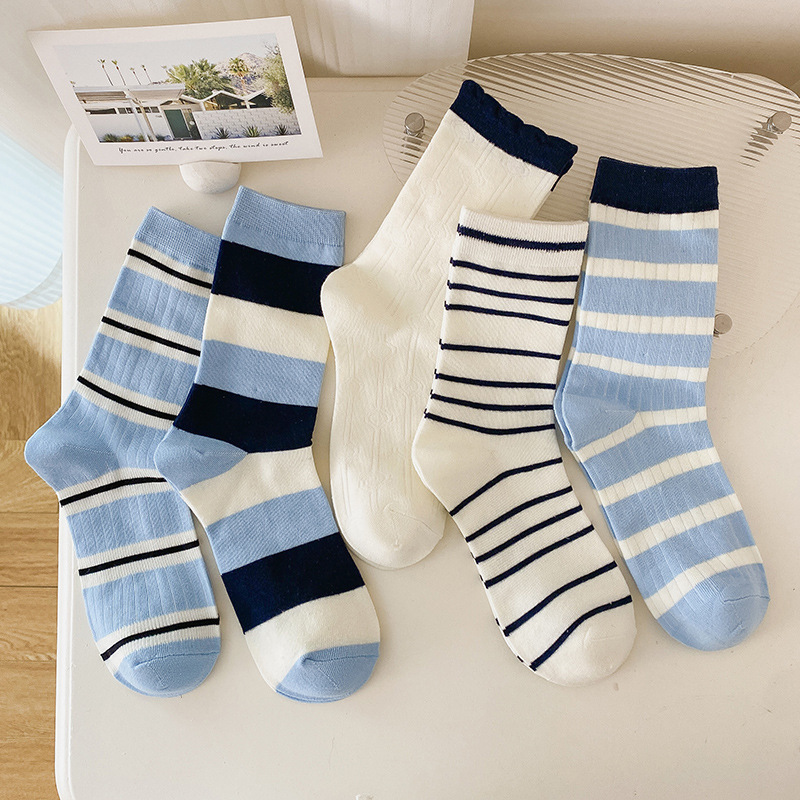 Spring and summer thin blue and white Navy wind tube women's socks socks female college style lace pile socks versatile cotton socks