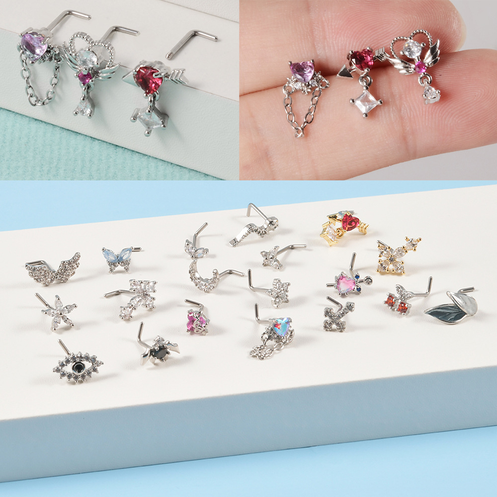 Streetwear Moon Heart Shape Butterfly Stainless Steel Inlay Zircon Nose Studs display picture 1