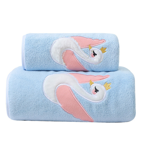 Coral velvet towel set with cute swan embroidery, home-use absorbent quick-dry bath towel, gift set with customizable logo