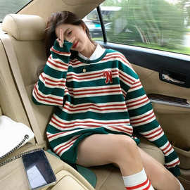 多巴胺美式慵懒风条纹长袖polo领正肩卫衣高级感秋冬装女款2025