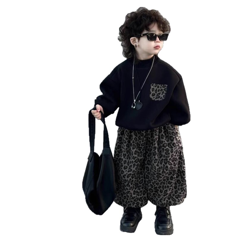 秋季儿童套装2025新款时尚豹纹裤子韩版洋气男女童圆领卫衣卫裤|undefined