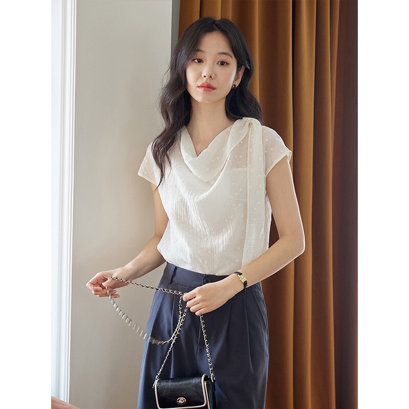Moriirose White Swing Collar Strap Printed Tencel Shirt Women's Summer Retro Elegant Pullover Top