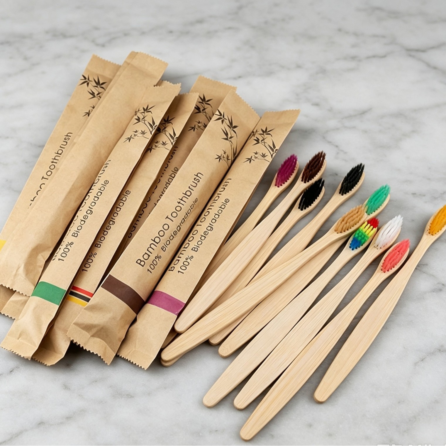 Wholesale bamboo toothbrushes, disposable soft-bristled bamboo-handled toothbrushes, paper bag biodegradable packaging, flat bamboo toothbrushes
