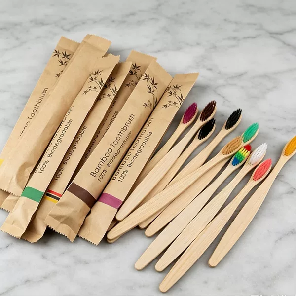 Wholesale bamboo toothbrushes, disposable soft-bristled bamboo-handled toothbrushes, paper bag biodegradable packaging, flat bamboo toothbrushes