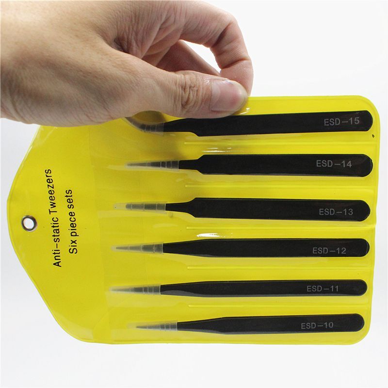 6 unidades pinzas amarillo bolsa 1mm15 ESD Acero inoxidable pinzas pestañas desplumado codo punta negro