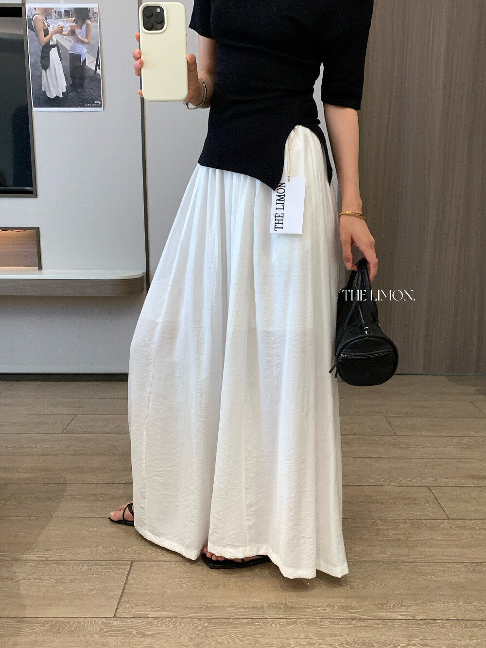 Quần culottes nữ ống rộng cạp cao thiết kế nhún eo phong cách thoải mái — Thẻ nông, màu đen, màu hồng, màu cam chi tiết 17