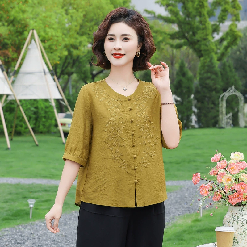 Летний топ с рукавами четверти в стиле ретро для мамы, большой размер, новый стиль, маленькая рубашка, свободная женская футболка среднего и пожилого возраста