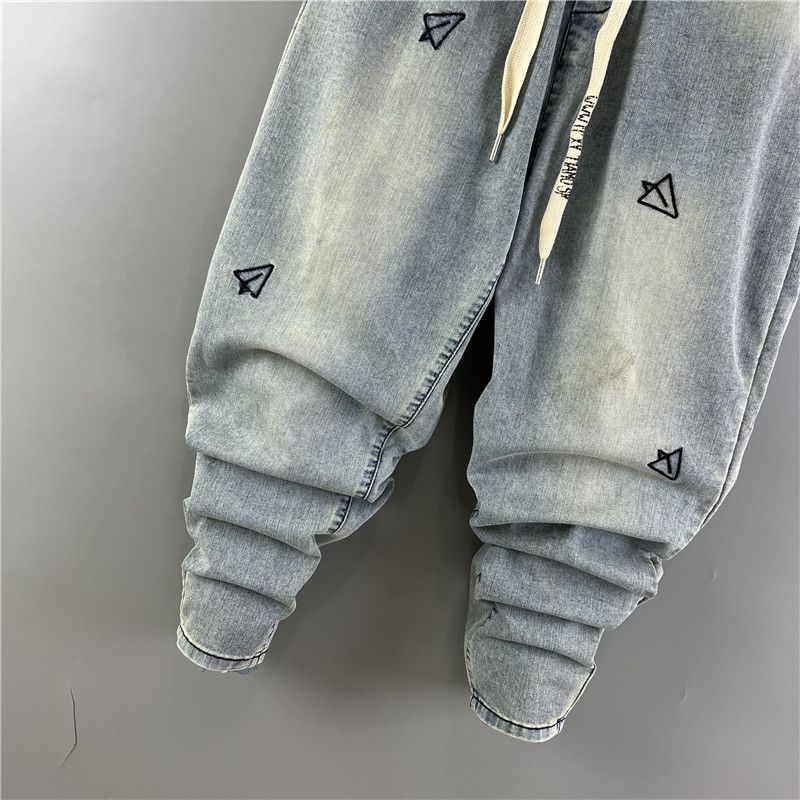 Men's Jeans Embroidery Trendy Pockets Personalized Elastic Waist Versatile Harlan Casual Pants_voghion.com