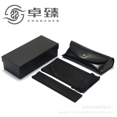黒の明るい皮pu眼鏡ケースセットソフトバッグ天地カバー外紙箱鏡布鏡袋印刷ロゴ