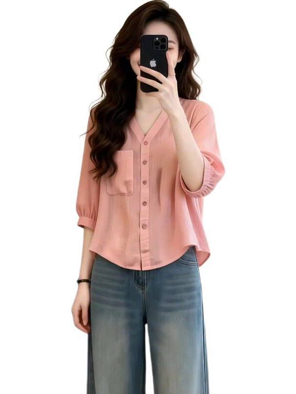 Áo sơ mi nữ cổ V tay lỡ phong cách Pháp, kiểu dáng thanh lịch tôn dáng — màu xanh nhạt