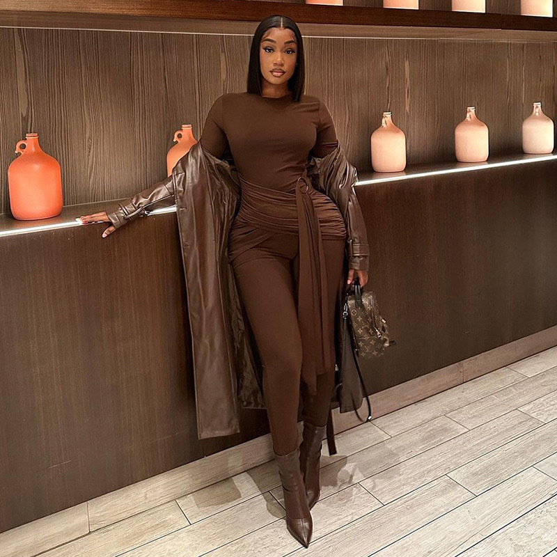 Round neck solid color stitching lace-up metal buckle long sleeve jumpsuit fashion casual tights women manufacturers wholesale Round neck solid color stitching lace-up metal buckle long sleeve jumpsuit fashion casual tights women manufacturers wholesale