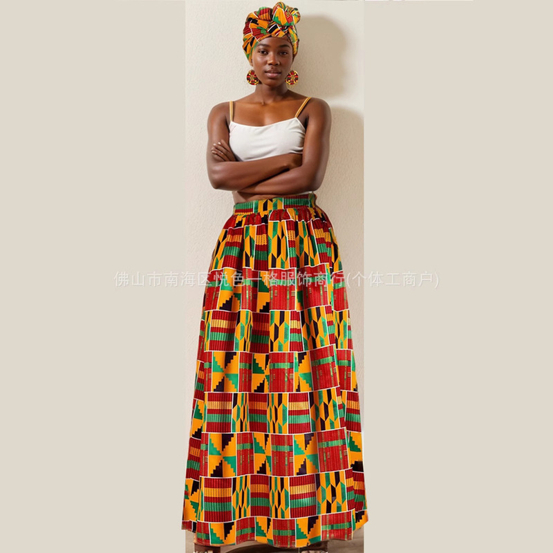 European and American Popular Bohemian Women's African Print Half-length A- line Skirt with Pocket and Vortex Flower Tape Hat