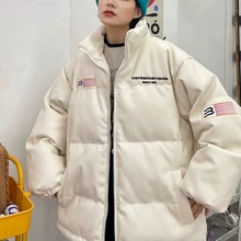 跨境怕麻烦美式旗帜PU皮立领棉衣女2023冬季新款宽松bf潮牌加厚面