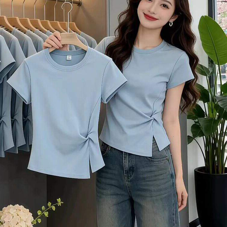 Tiktok Hot-Selling Cinched Waist Pure Cotton Short-Sleeve T-Shirt for Women with Twist Design, New Summer Style with Side Slits and Irregular Hem