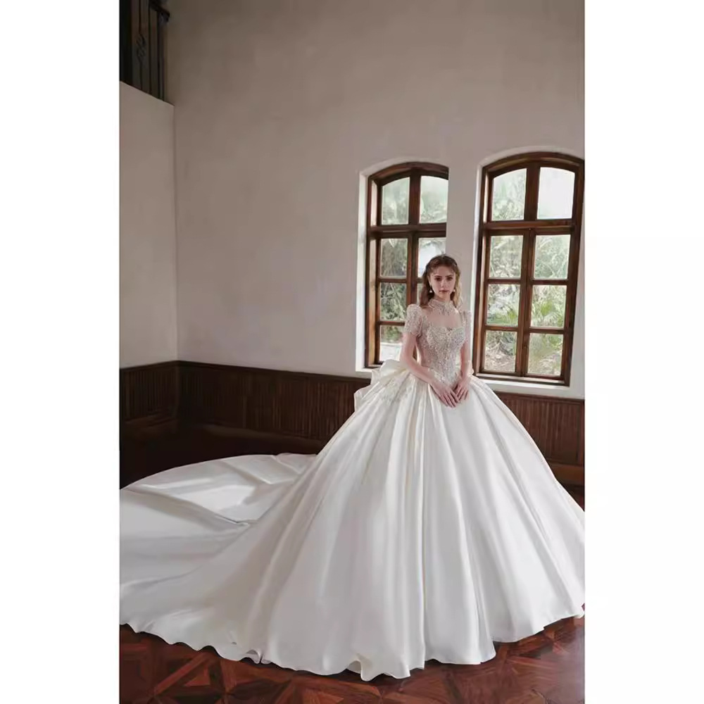 Vestido de novia principal de satén francés, modelo nuevo 2025 para novias pequeñas, artesanía de alta calidad, alta gama, talla grande, cola larga D106