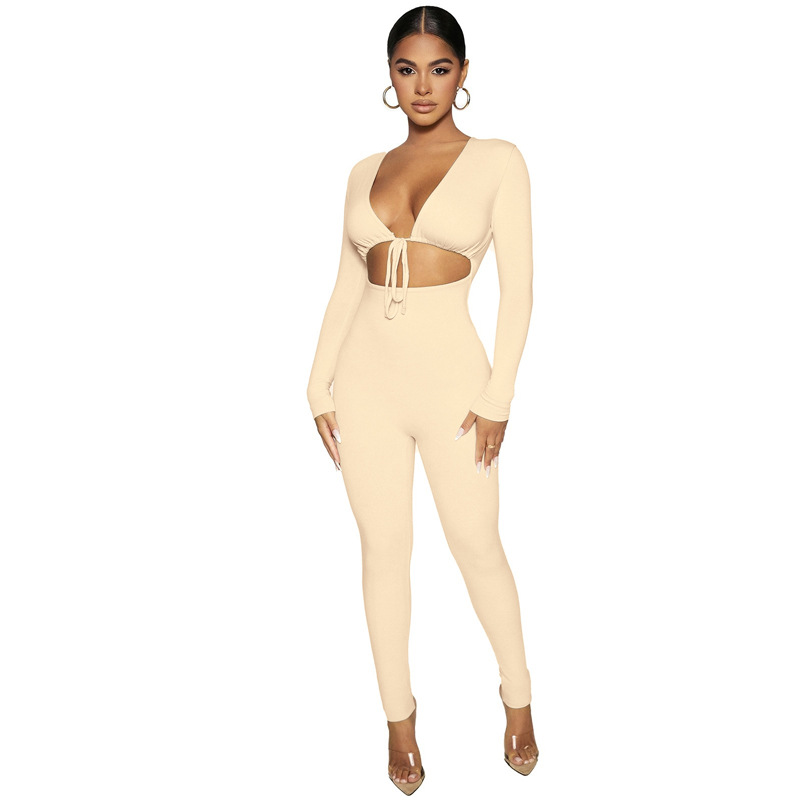 Solid Color Lace-Up Long-Sleeved Tight Jumpsuit NSLJ76035