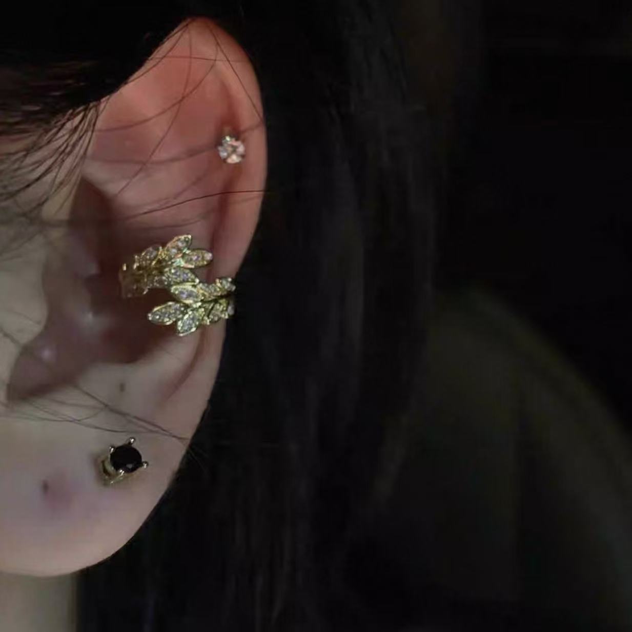 New Exquisite and Compact High-End Non-Pierced Earrings with Leaf Design, Versatile Zircon Earrings for Women with Unique Style