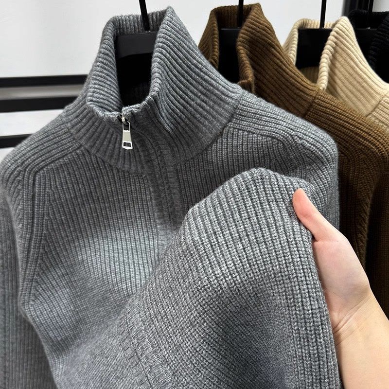 Double Zipper Turtleneck Cardigan Men's New Shirt Autumn and Winter Thick Sweater Jacket Men's Pure Color Jacket Thick Sweater