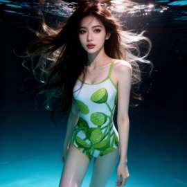 2026新款连体小清新莲藕印花吊带时尚泳衣露背泳衣低开叉显白竞速