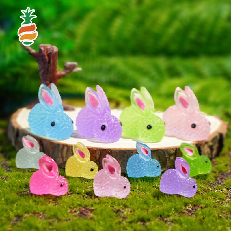 Dibujos animados de animales lindos, conejito de color luminoso, decoración de micro paisaje, conejito luminoso, accesorios de resina vegetal de jardinería