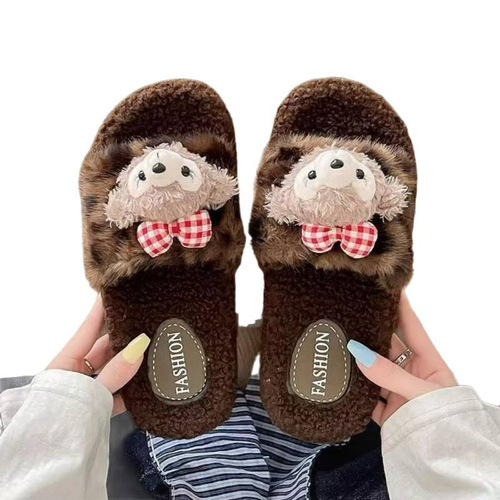 New leopard-print fur slippers for women cute autumn and winter household indoor anti-slip supermarket wholesale cotton slippers for women