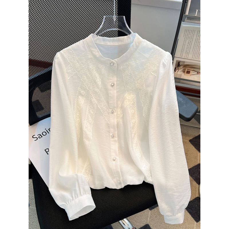French-Style White Shirt for Women, New Spring Style, Super Pretty Lace-Trimmed Long-Sleeved Blouse