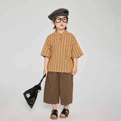 暢果童裝男童短袖襯衫夏款兒童韓版復古半袖襯衣中小童薄款上衣