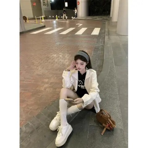 Titi Lady's [White Chocolate Lover] Suede Jacket for Women, Autumn Off-White Design, Biker Style Loose Jacket