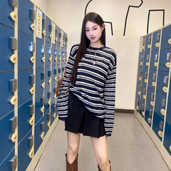 秋季新款宽松条纹上衣休闲韩系慵懒风长袖通勤女针织衫薄款