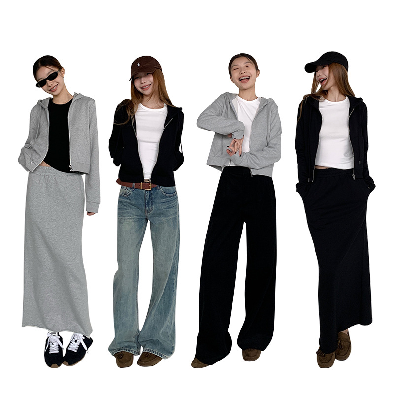 Nantao 루즈 캐주얼 짧은 스포츠 후드 티셔츠 여성 2025 가을 솔리드 컬러 슬림 a 라인 스커트 정장