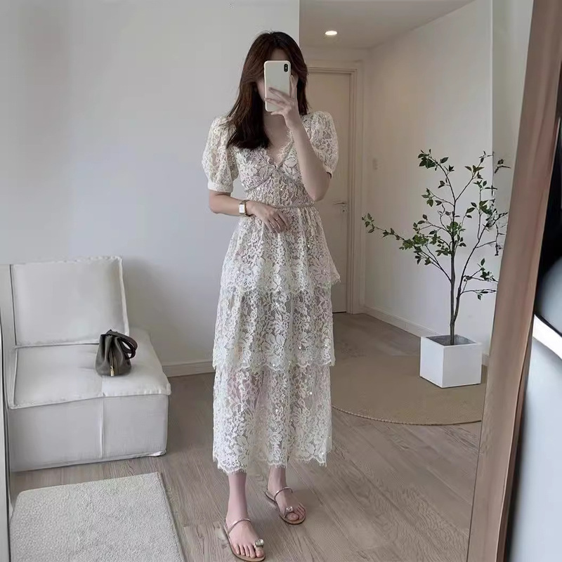 Sp Same Style 2026 Classic White V-Neck Lace Heavy Sequin Embellished Tiered Long Dress