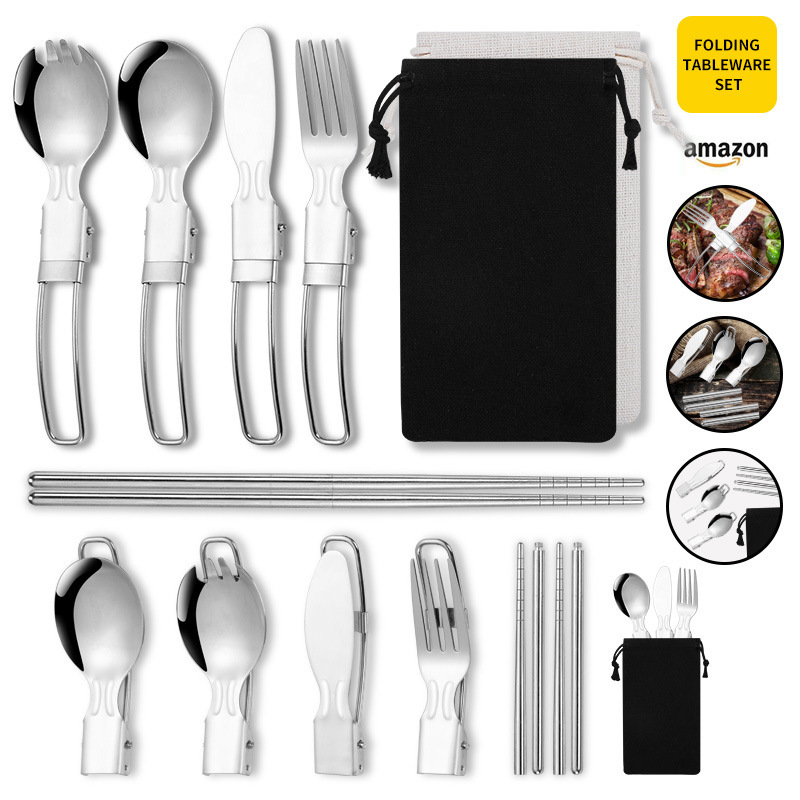 Cross Border 304 Stainless Steel Folding Tableware suit Outdoor Camping Folding Knife and Fork Spoon Chopsticks Bag Portable Tableware Cross Border 304 Stainless Steel Folding Tableware suit Outdoor Camping Folding Knife and Fork Spoon Chopsticks Bag Portable Tableware