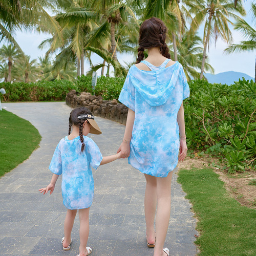 Mother's and Children's Swimwear Summer Beach Vacation One-piece Bikini Set with Hat and Sun Protection for Girls and Boys