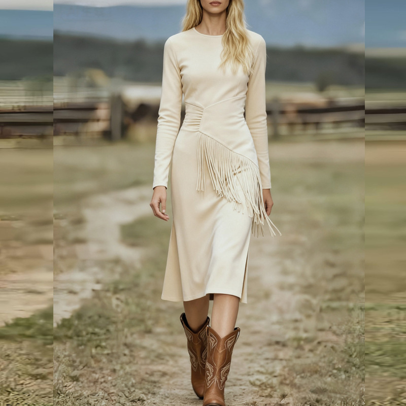 Foreign Trade Wish Aliexpress Women's Popular Retro Western Suede Fringe Hip-Hugging Round Neck Long-Sleeved Dress Foreign Trade Wish Aliexpress Women's Popular Retro Western Suede Fringe Hip-Hugging Round Neck Long-Sleeved Dress