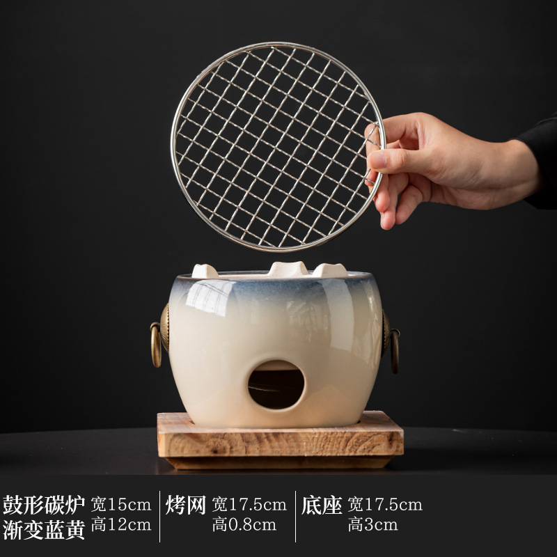 Estufa de carbón XYD-drum-gradiente azul y amarillo+red para hornear+alfombrilla de madera