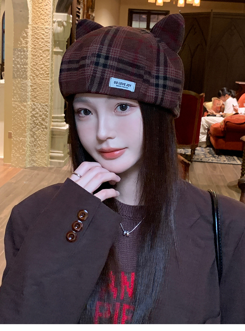Britisches kariertes Barett, Herbst/Winter, Damen, Katzenohren, niedlich, achteckig, modisch, vielseitig, Malerhut_voghion.com