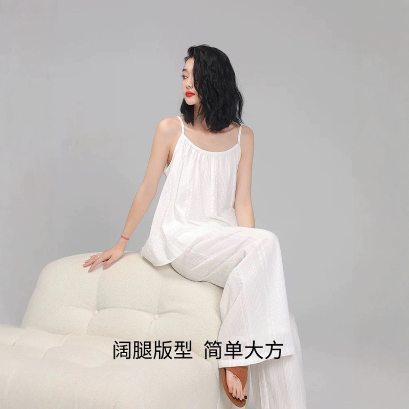 Summer Women's Pure Cotton Vacation Sling Trousers Jacquard Bubble Cotton Double-Layer Pajamas Women's Spring and Summer Home Clothes suit