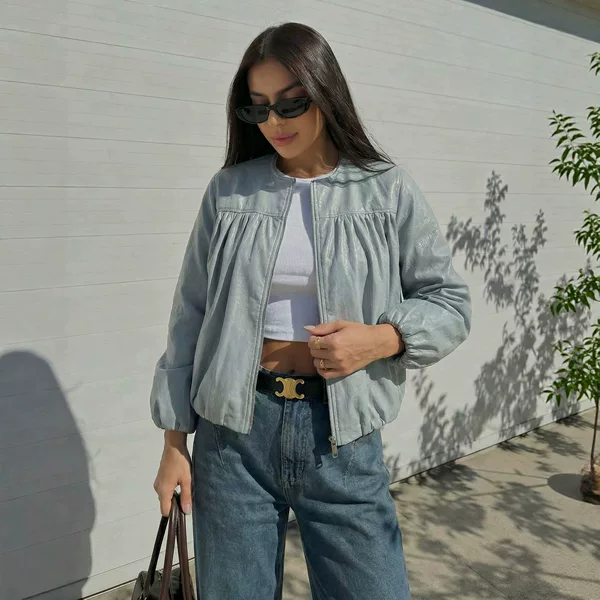 Korean-Style Short Leather-Like Jacket with Round Neck, Pleated Design, Balloon Sleeves, Slimming Effect, Versatile Zipper Coat 3046053