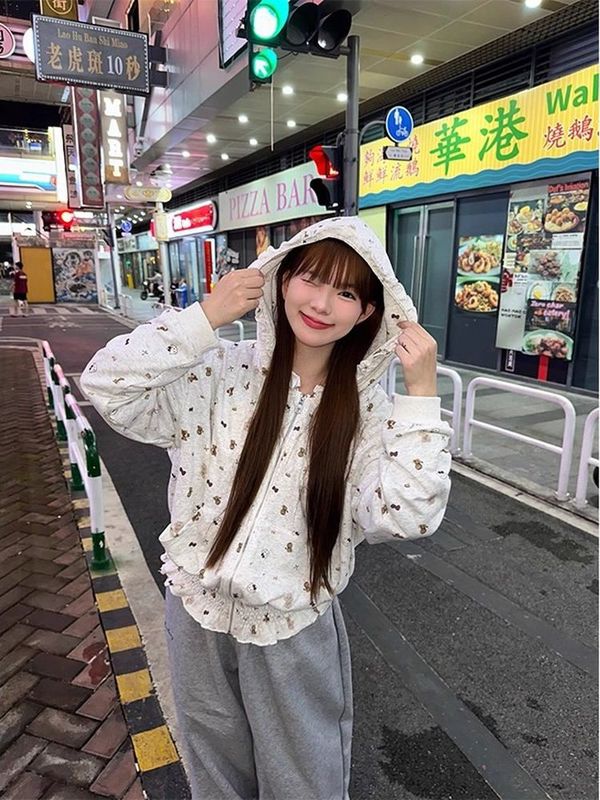 美式辣妹满印褶皱木耳边连帽卫衣女秋季新款薄款慵懒宽松短款外套|undefined